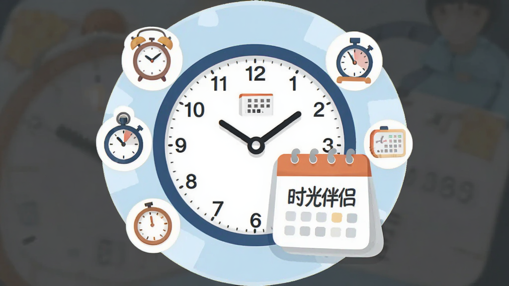 画面主体是一个圆形时钟与日历卡片组合的图标,时钟指针指向上午九点,日历上标注着“时光伴侣”字样,周围有闹钟、秒表、倒计时等小图标环绕,布局采用环形排列,风格为扁平化插画风,细节上文字清晰可辨,画质高清,干净整洁,无多余元素