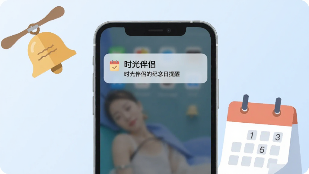 画面中一部手机弹出提醒通知,通知内容显示“时光伴侣”的纪念日提醒,手机旁边有铃铛和日历元素,背景为淡蓝色渐变,布局为手机居中、元素环绕,风格为现代扁平化设计,细节上通知文字清晰,画质高清,干净无多余元素