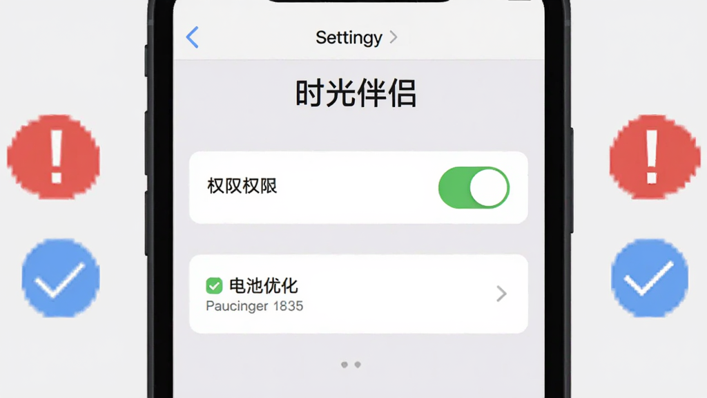 画面中一部手机显示“时光伴侣”的设置界面,界面上有权限开关和电池优化选项,旁边有红色感叹号和蓝色对勾图标,背景为浅灰色,布局为手机居中、图标分列两侧,风格为扁平化警示风格,细节上文字清晰,画质高清,干净无多余元素