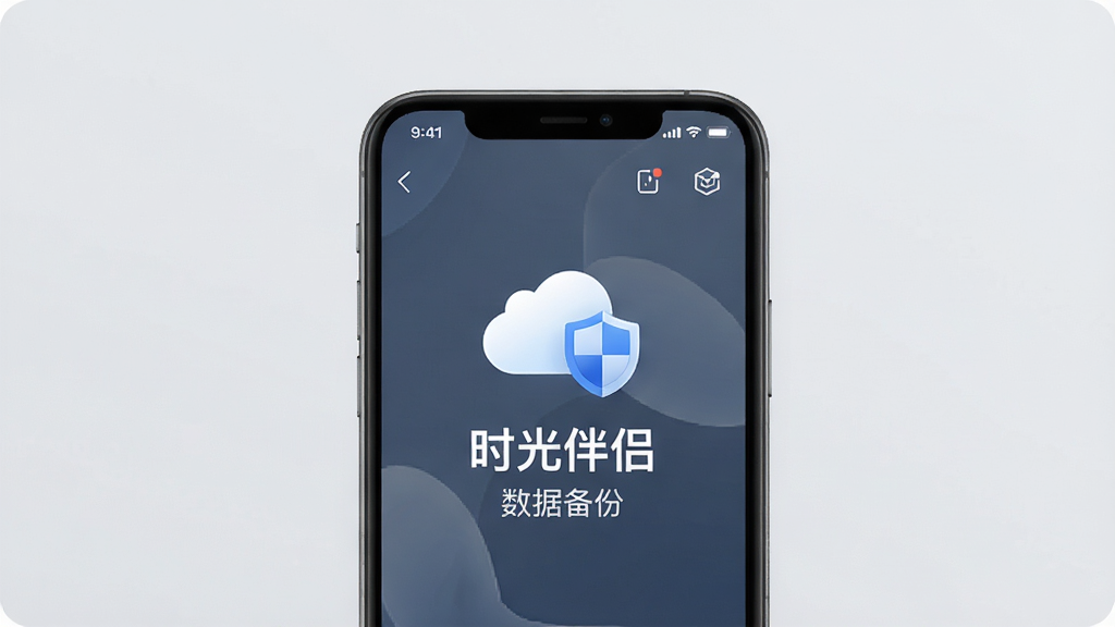 画面中一部手机显示数据备份界面,界面上有云朵和盾牌图标,文字标注“时光伴侣”数据备份,背景为浅灰色,布局为手机居中展示,风格为简洁科技风,细节上图标和文字清晰,画质高清,干净无多余元素