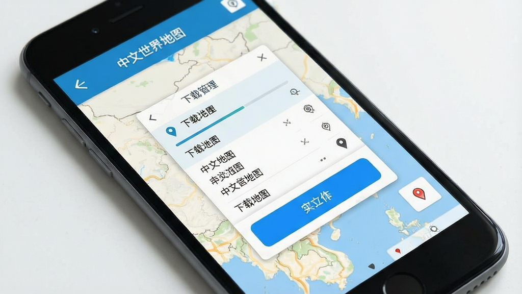 一张展示中文世界地图应用离线地图与定位功能的图片,画面为手机屏幕,屏幕上显示着地图界面,有一个下载管理窗口和定位按钮,窗口内列出可下载的区域名称,定位按钮呈蓝色高亮,地图背景为浅色,风格为实用工具类设计,细节包括下载进度条和定位图标,画质清晰,干净无杂乱元素,图片中文字为“中文世界地图”和“离线地图”“定位”。