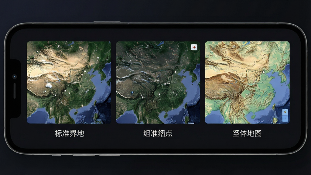 一张展示中文世界地图应用图层切换功能的图片,画面为手机屏幕,屏幕上显示着三个并排的地图缩略图,分别代表标准地图、卫星影像和地形图模式,每个缩略图下方有对应的中文标签,界面背景为深色,突出地图内容,风格为现代科技感,细节包括卫星图上的云层和地形图上的等高线,画质清晰,干净整洁,图片中文字为“中文世界地图”和图层名称。