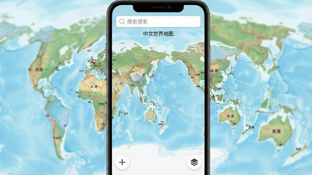 一张手机屏幕展示中文世界地图应用主界面的图片,画面中央是色彩柔和的世界地图全图,地图上标注着清晰的中文国家名称和主要城市,界面顶部有搜索栏,底部有缩放按钮和图层切换图标,整体布局简洁,风格为现代扁平化设计,细节包括海洋的淡蓝色渐变和陆地的绿色与棕色地形渲染,画质清晰干净,无多余元素,图片中文字为中文,地图标题显示“中文世界地图”字样。