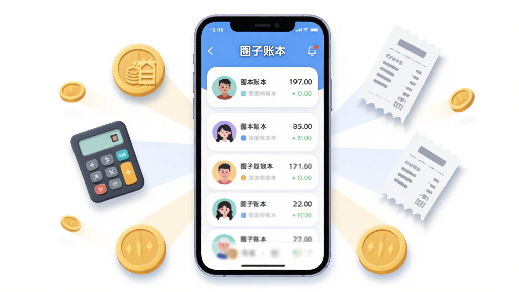 画面中央放置一部智能手机,屏幕显示“圈子账本”应用界面,界面中有多人头像和账目列表,手机周围环绕金币、计算器、购物小票等图标,布局采用居中放射状,排版简洁明快,风格为扁平化插画,细节包括柔和阴影和圆角元素,画质高清,干净,无多余元素