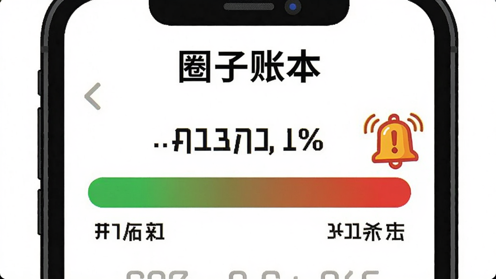 一个手机屏幕显示“圈子账本”的预算进度条,进度条从绿色变为红色,旁边有一个警示铃铛图标,布局为居中特写,排版紧凑,风格为警示插画,细节包括数字金额和百分比,画质高对比,干净,无多余元素