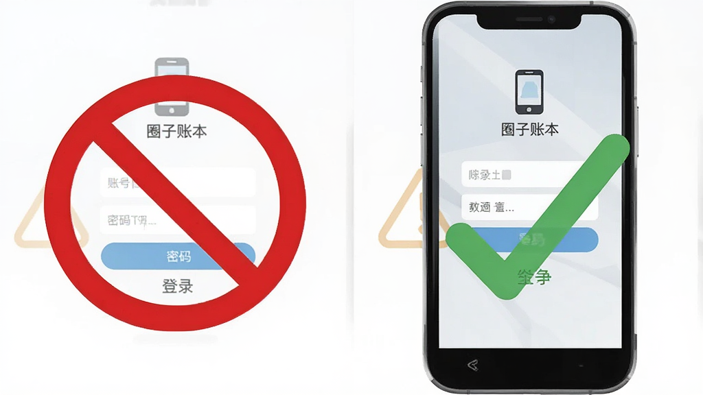 一部手机屏幕显示“圈子账本”的登录界面,旁边有一个红色禁止符号和绿色对勾符号,布局为左右对比,排版直观,风格为扁平警示风,细节包括账号密码输入框和手机图标,画质清晰,干净,无多余元素