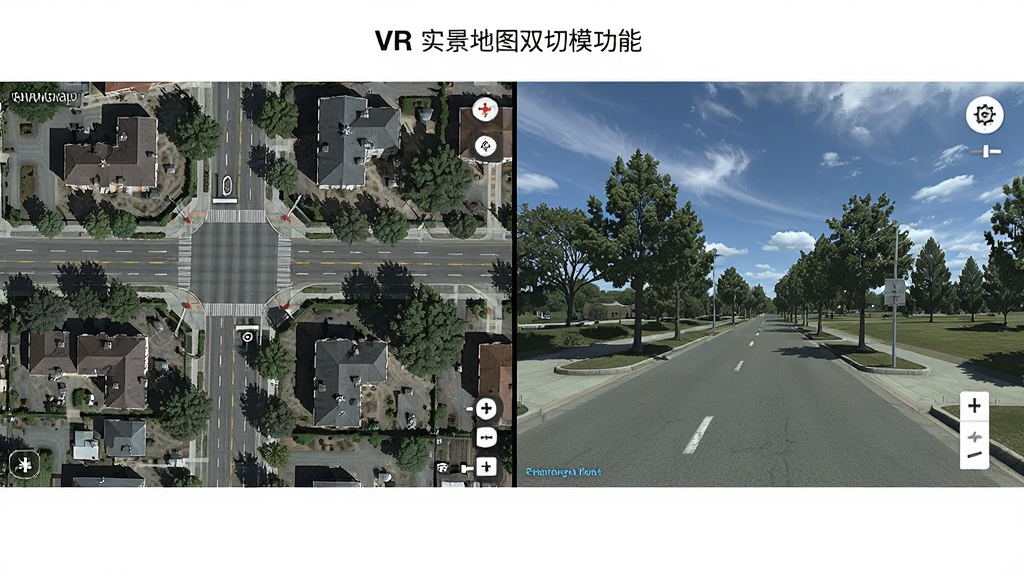 VR实景卫星地图双模切换功能展示图,主体为左右分屏对比卫星图与街景图,布局为横向排列,排版清晰,风格为写实地图界面,细节包含道路、建筑、树木、天空,画质高清,干净,无多余元素