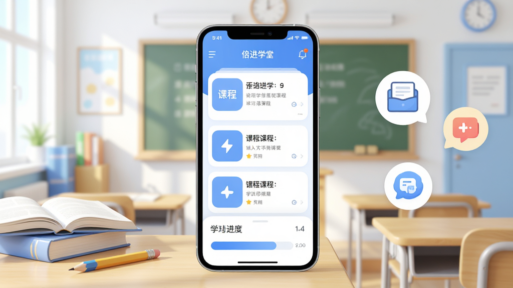һ����Ϊ����ѧ�õ�����ѧϰApp����չʾ������Ļ��������ֻ���������Ļ�ڳ��ֿγ��б���ѧϰ������������Ϊ�����Ľ��ҳ�����������鱾��Ǧ��Ԫ�ص�׺���Ҳ�Ϊ��ͨ����֪ʶͼ�꣬�Ű���ж��룬��������ִ���ƽ����ϸ�ڰ�����͵�������ɫ��Բ�ǿ�Ƭ��ƣ�����ɾ����࣬���廭�ʸ��壬�޶�������Ԫ��