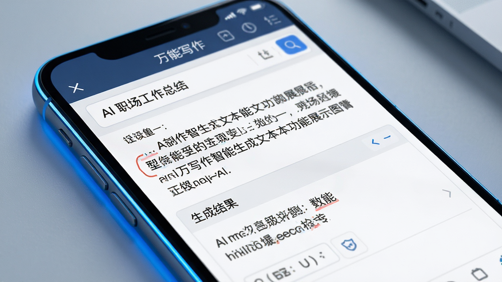 AI万能写作智能生成文本功能展示图,主体为手机屏幕特写,屏幕中呈现AI万能写作软件正在生成一篇职场工作总结,文字内容清晰可见,布局上方为输入框下方为生成结果区域,排版整齐,风格为简约商务风,细节上屏幕边缘有轻微的科技蓝光晕,画质高清,画面干净,无多余元素