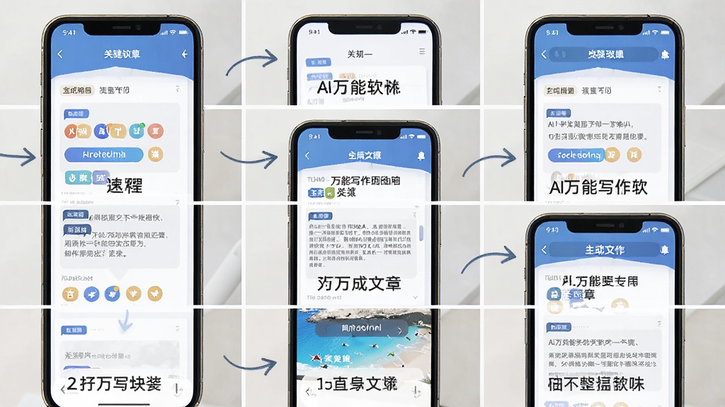 AI万能写作新手操作步骤示意图,主体为手机屏幕展示AI万能写作软件从输入关键词到生成文章的完整操作流程,布局为分步截图拼接形式,排版从上到下依次排列,风格为教程图解风,细节上每步配有简短文字说明,画质高清,画面干净,无多余元素