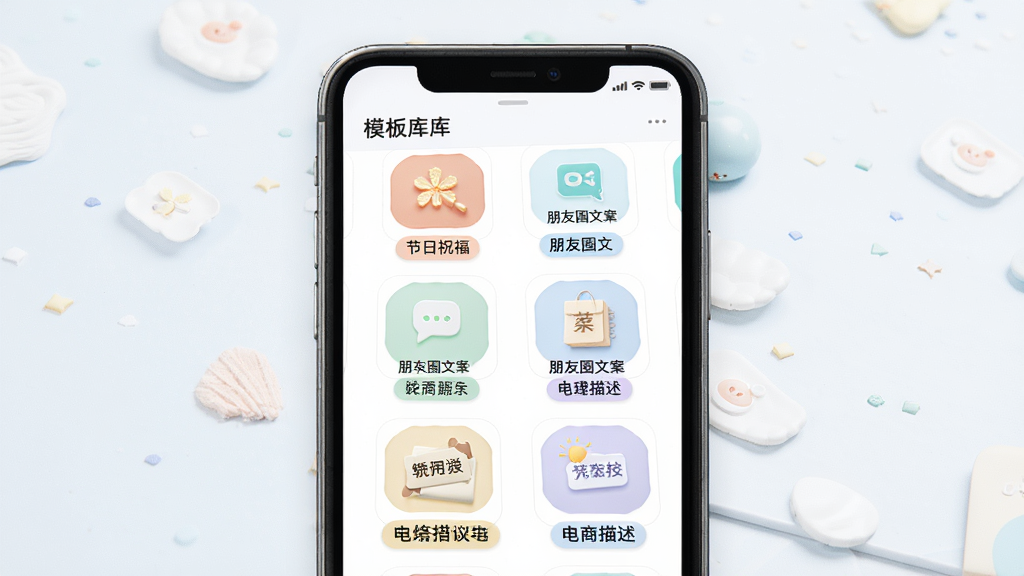 AI万能写作模板库界面展示图,主体为手机屏幕,屏幕中展示AI万能写作软件的模板库页面,包含节日祝福、朋友圈文案、电商描述等多个模板分类图标,布局为网格排列,排版清晰有序,风格为清新浅色系UI,细节上每个模板图标带有小标签说明,画质高清,画面干净,无多余元素