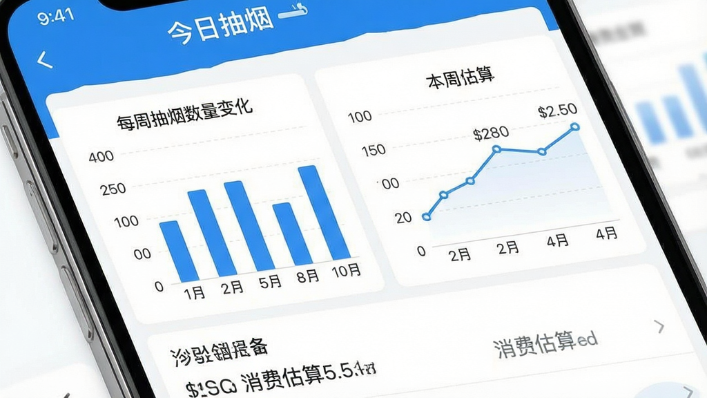 一张手机应用数据统计页面截图风格图,画面中显示“今日抽烟”应用的统计界面,包含柱状图和折线图展示每周抽烟数量变化,下方显示消费金额估算,配色以蓝色和白色为主,风格商务简洁,布局清晰,画质干净,无多余元素,文字为中文“今日抽烟”“本周统计”“消费估算”