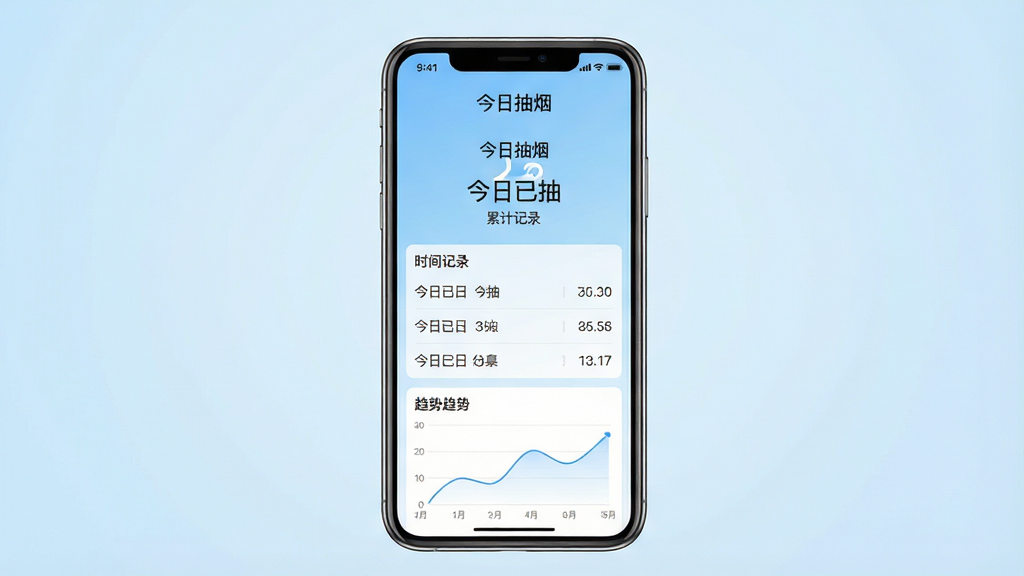 一张简洁的手机应用界面展示图,画面中央是一部竖屏智能手机,手机屏幕上显示“今日抽烟”应用的主界面,界面中包含今日抽烟数量统计、时间记录列表和趋势图表,背景为柔和的浅蓝色渐变,整体风格清新简约,细节清晰,画质干净,无多余元素,文字内容为中文“今日抽烟”“今日已抽”“累计记录”,布局居中,排版整齐