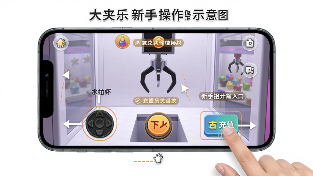 大夹乐新手操作示意图,主体为手机屏幕显示抓娃娃机操作界面,布局标注摇杆、下爪按钮、充值入口,排版为教程风格,细节包含手指点击动作、提示文字,画质清晰,干净,无多余元素