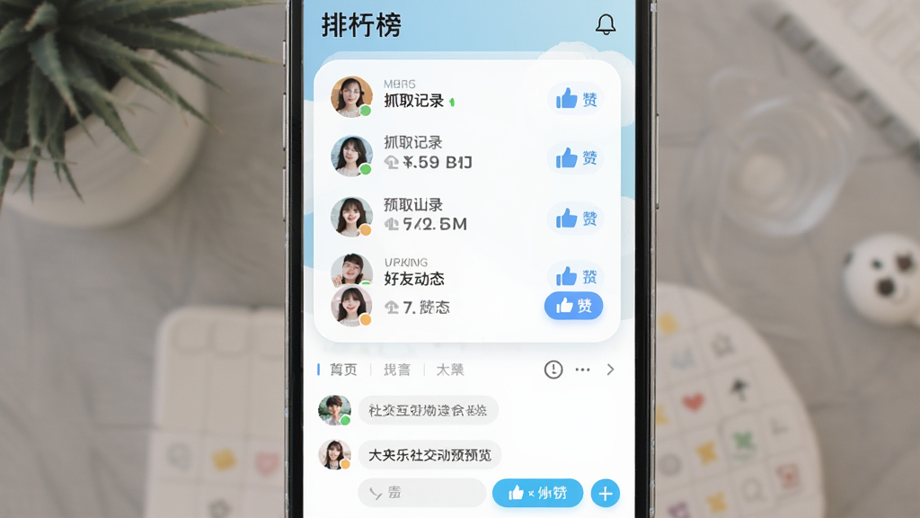 大夹乐社交互动界面预览图,主体为手机屏幕展示排行榜和好友动态,布局上方为排行榜列表,下方为聊天窗口,排版清晰,风格为清新社交风,细节包含用户头像、抓取记录、点赞按钮,画质干净,无多余元素