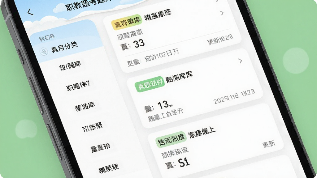 职教高考题库海量题库功能展示,主体为一部手机屏幕,屏幕中呈现多科目题库列表,布局左侧为科目分类栏,右侧为题目卡片流,排版错落有致,风格为清新学习类应用界面,细节包含真题标签、题量统计数字、更新日期,画质清晰,画面干净,无多余元素