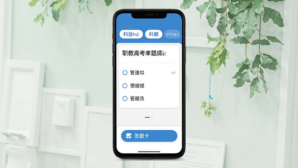 职教高考题库手机应用界面展示,主体为一部竖屏安卓手机,屏幕中显示题库练习页面,布局上方为科目切换标签,中间为单选题题干与选项,下方为答题卡与解析按钮,排版整齐清晰,风格为现代教育类APP扁平化设计,细节包含蓝色主色调、白色卡片、圆角按钮,画质高清,画面干净,无多余元素