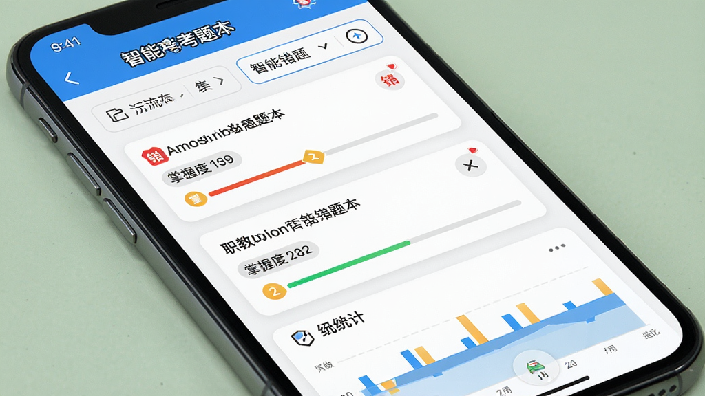 职教高考题库智能错题本界面,主体为手机屏幕特写,屏幕中显示错题列表与重做按钮,布局顶部为筛选条件,中部为错题卡片,底部为统计图表,排版简洁,风格为教育工具类应用,细节包含红色错题标记、掌握度进度条,画质高清,画面干净,无多余元素