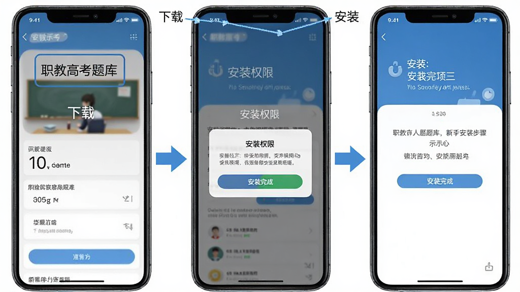 职教高考题库新手安装步骤示意图,主体为手机屏幕截图组合,布局从左到右依次为下载页面、安装权限弹窗、安装完成界面,排版为横向三格,风格为教程类图示,细节包含箭头指引、文字标注,画质清晰,画面干净,无多余元素