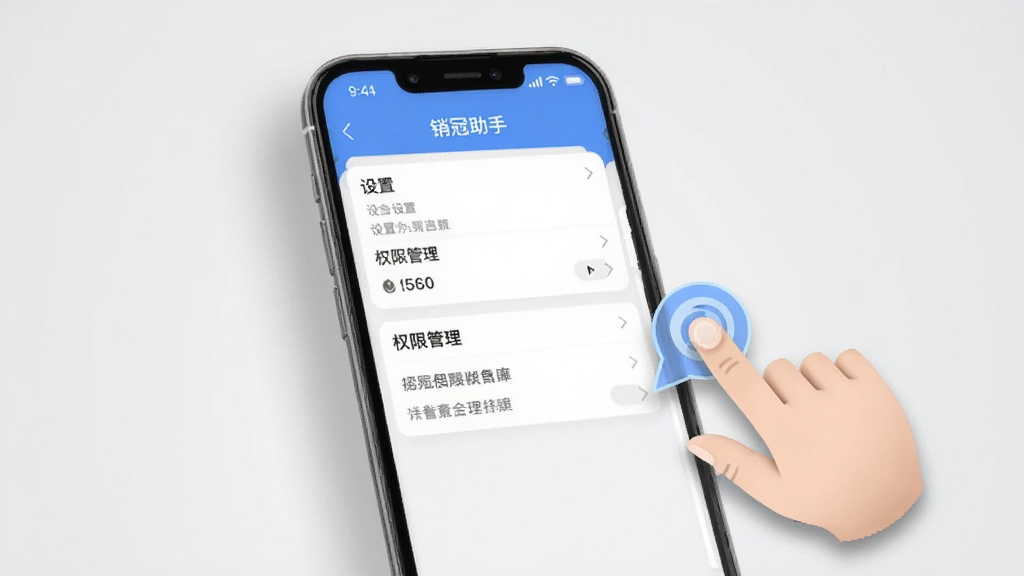 一张展示销冠助手移动端操作界面的图片,手机屏幕显示设置页面和权限管理选项,旁边有手指点击的示意动画。背景为浅灰色,带有柔和的阴影。风格为简洁教程风,画质清晰,画面干净无多余元素。