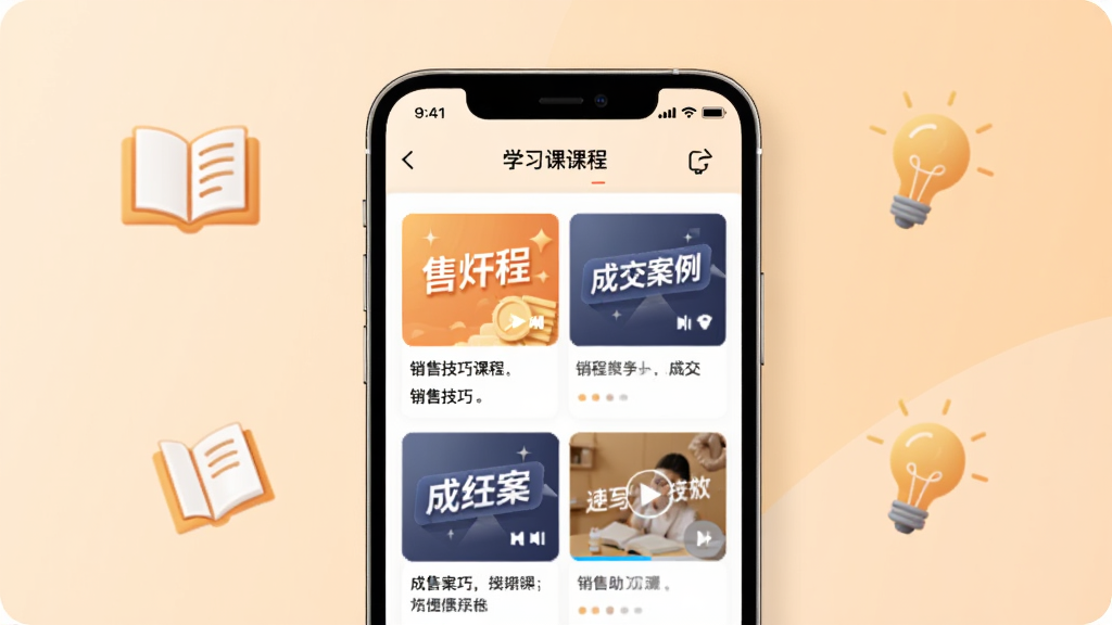 一张展示销冠助手学习提升板块的图片,手机屏幕显示课程列表和播放界面,课程封面带有销售技巧、成交案例等字样。背景为温暖的浅橙色渐变,周围有书本和灯泡的简约图标。风格为清新学习风,画质清晰,画面干净无多余元素。