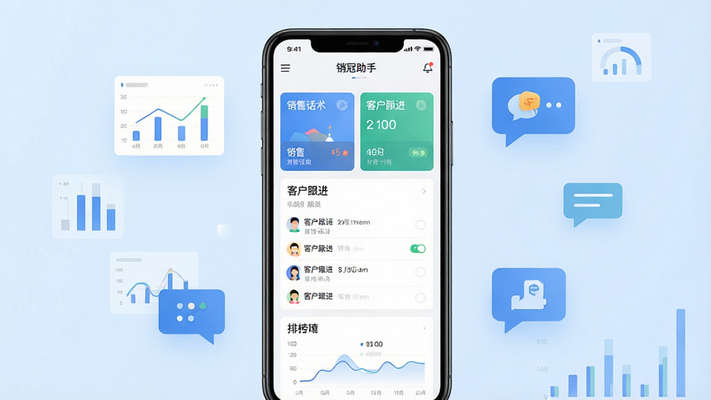 一张展示销冠助手软件核心界面的手机预览图,画面中央是一部现代智能手机,屏幕上显示销冠助手App的首页,包含销售话术卡片、客户跟进列表和团队排行榜等模块。背景为干净的浅蓝色渐变,周围漂浮着简洁的数据图表和对话气泡图标。风格为扁平化科技商务风,细节清晰,画质高清,画面干净无多余元素。
