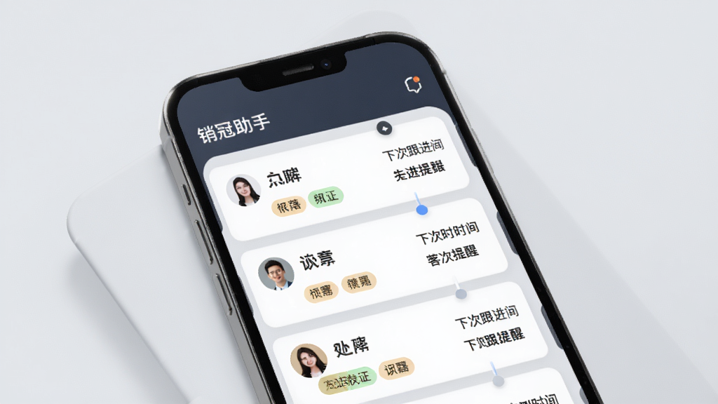 一张展示销冠助手客户跟进管理界面的图片,手机屏幕显示客户列表和跟进时间轴,每个客户卡片上有姓名、标签和下次跟进提醒。背景为柔和的浅灰色,带有轻微的阴影层次。风格为现代商务简约风,画质高清,画面干净无多余元素。