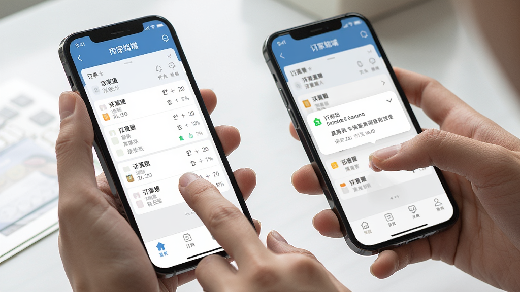 一张AI生成的图片,主体是双手持手机操作左右手商家端APP的场景,布局为近景特写,排版突出手机屏幕内容,风格生活化真实,细节包含手指点击屏幕、订单列表界面和通知弹窗,画质清晰,干净,无多余元素
