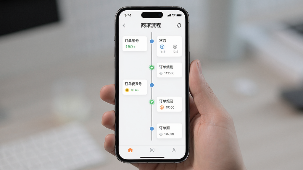 一幅AI生成的图片,主体是一部智能手机,屏幕上显示左右手商家端的订单全流程管理界面,布局为纵向时间轴样式,排版整齐,风格现代简约,细节包含订单编号、状态图标和时间戳,画质清晰,干净,无多余元素