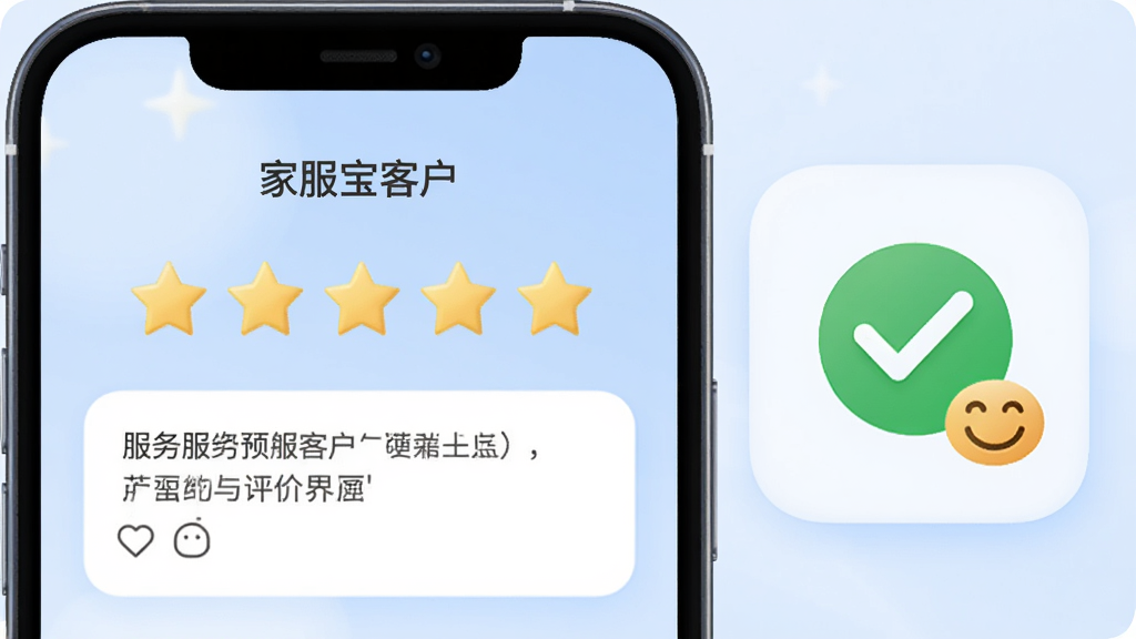 家服宝客户预约与评价界面图,画面展示一部手机屏幕内显示五星评价和文字输入框,旁边有服务完成打勾图标和笑脸符号,背景为淡蓝色渐变,风格为柔和圆角卡片设计,细节清晰,画质高清,干净无多余元素