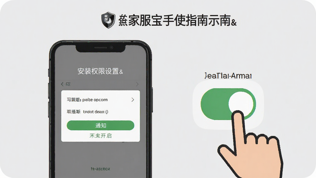 家服宝新手使用指南示意图,画面展示一部手机屏幕显示安装权限设置界面和通知开启开关,旁边有手指点击的图标,背景为浅灰色,风格为简洁教程插画,细节清晰,画质高清,干净无多余元素