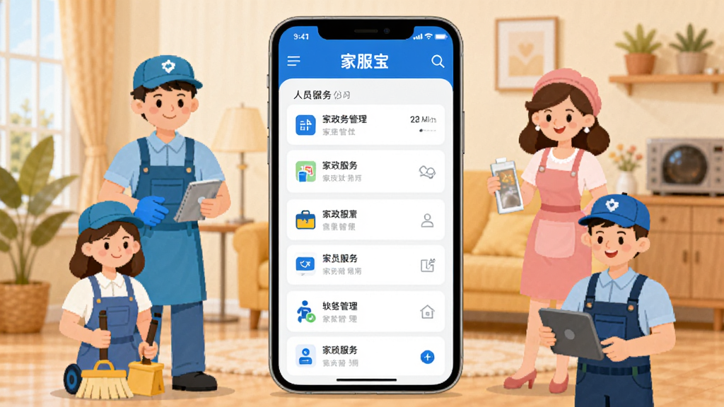 家服宝是一款家政服务管理软件,画面中央展示一部智能手机,手机屏幕内显示家政服务订单列表和人员管理界面,界面采用蓝色和白色为主色调,布局简洁清晰,手机周围环绕着保洁员、月嫂、维修师傅等卡通人物形象,背景为温馨的家庭环境,风格为扁平化插画,细节丰富,画质高清,干净无多余元素