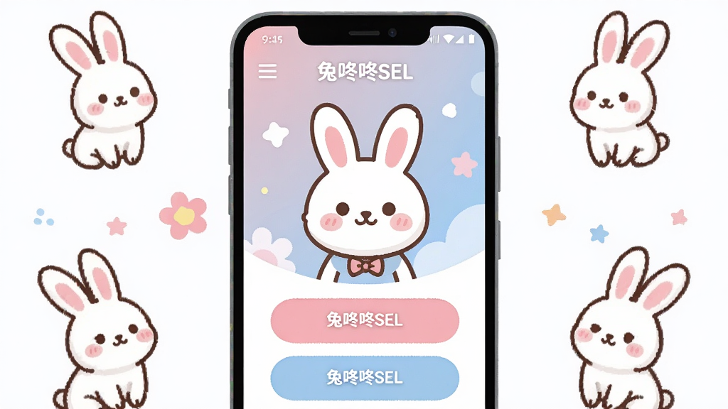 一张展示兔咚咚SEL软件主界面的手机样机图,画面中央是一部竖屏安卓手机,屏幕上显示兔咚咚SEL的卡通兔子主题界面,包含圆润的按钮和柔和的粉蓝色调,手机周围散落几只可爱的白色小兔子插画作为装饰,整体布局居中对称,风格清新可爱,细节干净,画质清晰,画面中带文字“兔咚咚SEL”,无多余元素