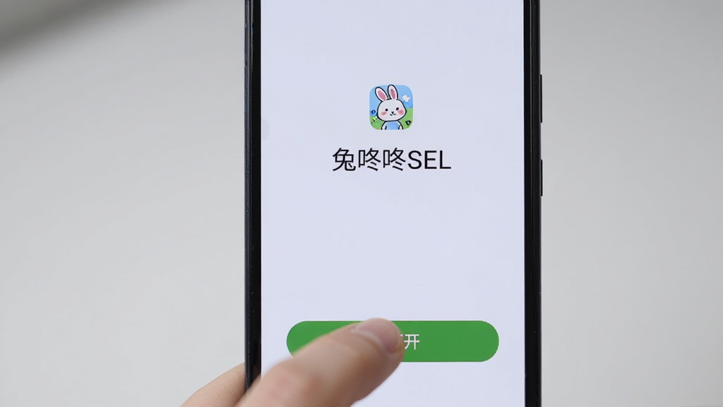 一部安卓手机屏幕显示兔咚咚SEL的安装完成界面,手机下方有一只手正准备点击“打开”按钮,画面采用特写角度,背景虚化为浅灰色,风格简洁数码感,光线均匀,画质清晰,屏幕带文字“兔咚咚SEL”,无多余元素