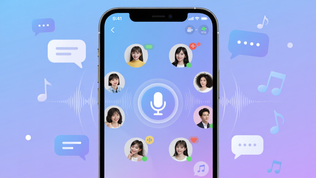 画面中央展示一部智能手机,手机屏幕显示小鹅语音APP的语音房间界面,界面中有多个用户头像环绕排列,中间有一个发光的麦克风图标,背景是柔和的蓝紫色渐变,周围漂浮着对话气泡和音符元素,整体布局简洁明快,风格现代清新,细节上体现语音波纹和在线状态标识,画质清晰,干净,无多余元素。