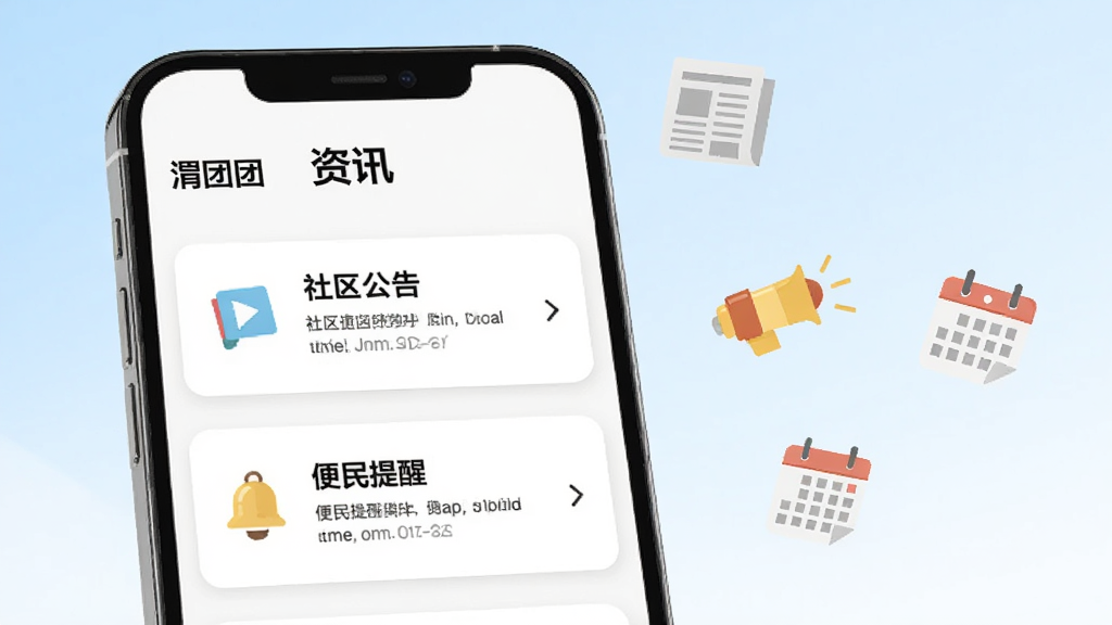 一部手机竖屏展示“渭团团”资讯列表页面,页面上有标题为“社区公告”“便民提醒”的卡片,卡片左侧有小图标,右侧有箭头。手机旁边漂浮着报纸、喇叭、日历等扁平化小图标。背景为淡蓝色到白色的柔和渐变,风格简洁明快,文字清晰可辨,画面干净无多余装饰,高分辨率。