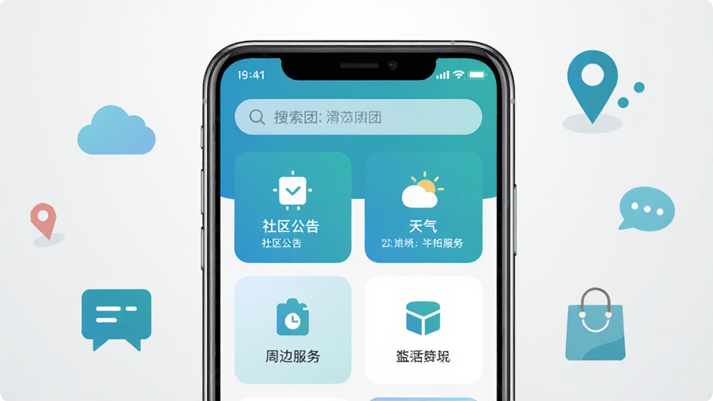 画面中央是一部智能手机,屏幕上显示着“渭团团”应用的主界面,界面以蓝绿色调为主,顶部有搜索栏,中间是卡片式功能入口,包含社区公告、天气、周边服务等图标。手机周围环绕着简约的扁平化图标元素,如云朵、定位针、对话气泡、购物袋。背景为干净的浅灰色渐变,整体风格清新现代,细节清晰,无多余杂乱元素,高清画质,适合软件下载站展示图。