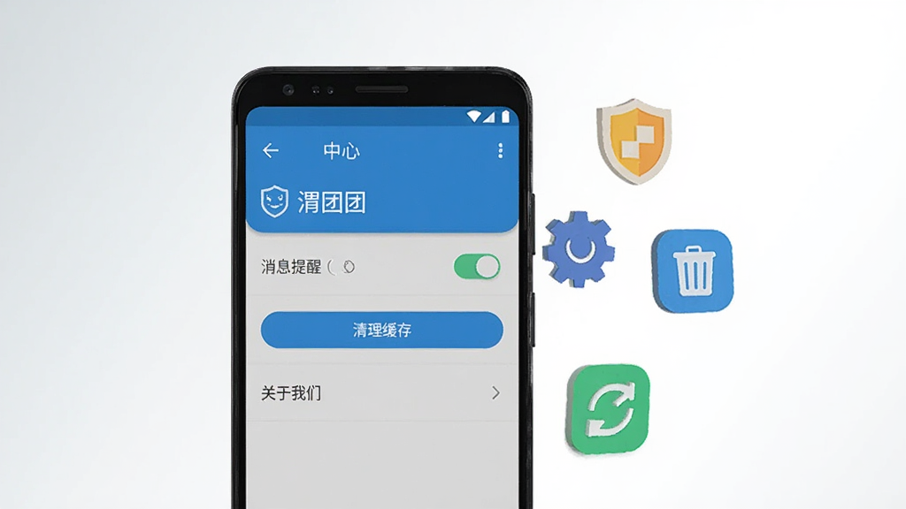 一部安卓手机展示“渭团团”个人中心设置页面,页面上有消息提醒开关、清理缓存按钮、关于我们选项。手机旁边漂浮着盾牌、齿轮、垃圾桶、刷新箭头等扁平化图标。背景为浅灰色到白色的极简渐变,风格干净利落,文字清晰,无多余元素,高清画质。
