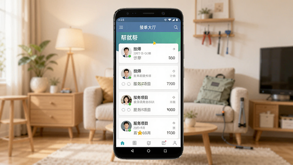 一张展示手机APP界面的图片,画面中央是一部安卓手机,手机屏幕上显示