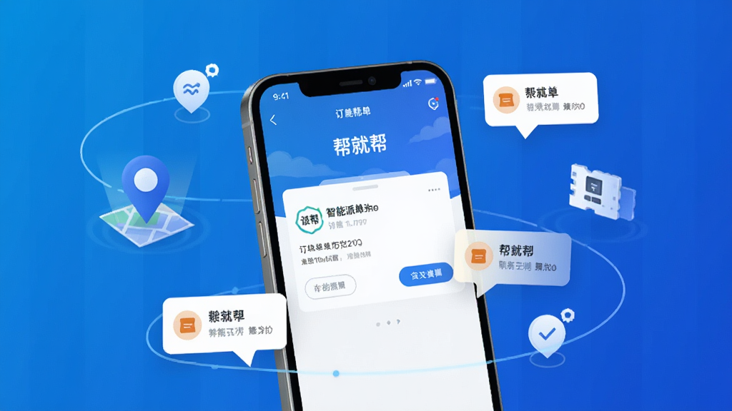 一张展示智能派单系统的图片,画面中一部手机屏幕显示