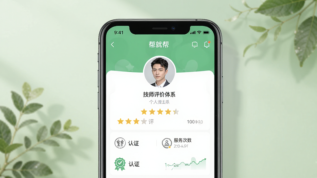 一张展示技师评价体系的图片,画面中手机屏幕显示