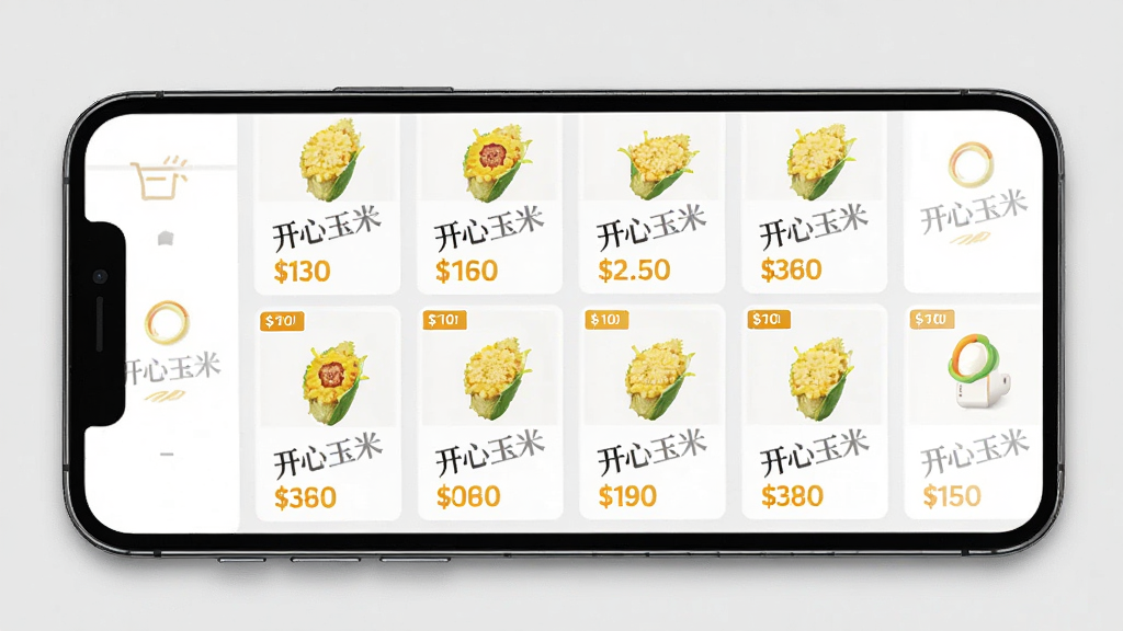 开心玉米数字化连锁购物场景,主体为一部手机屏幕,屏幕内展示整齐排列的商品卡片和连锁门店标识。布局采用网格状排列,风格商务简约。细节上商品卡片带有价格标签和“开心玉米”水印标识,画质清晰,干净整洁,无多余元素。