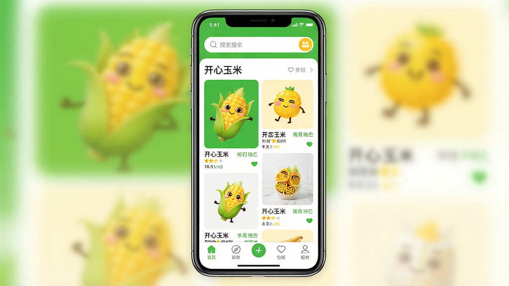 开心玉米手机应用界面全貌展示,主体为一部竖屏智能手机,屏幕上显示开心玉米APP的首页,布局包含顶部搜索栏、中部商品推荐瀑布流、底部导航栏。排版简洁清晰,风格现代清新,主色调为明亮的绿色与暖黄色搭配。细节上屏幕内文字清晰可见,包含“开心玉米”字样和各类商品图标。画质高清,干净明亮,无多余元素。