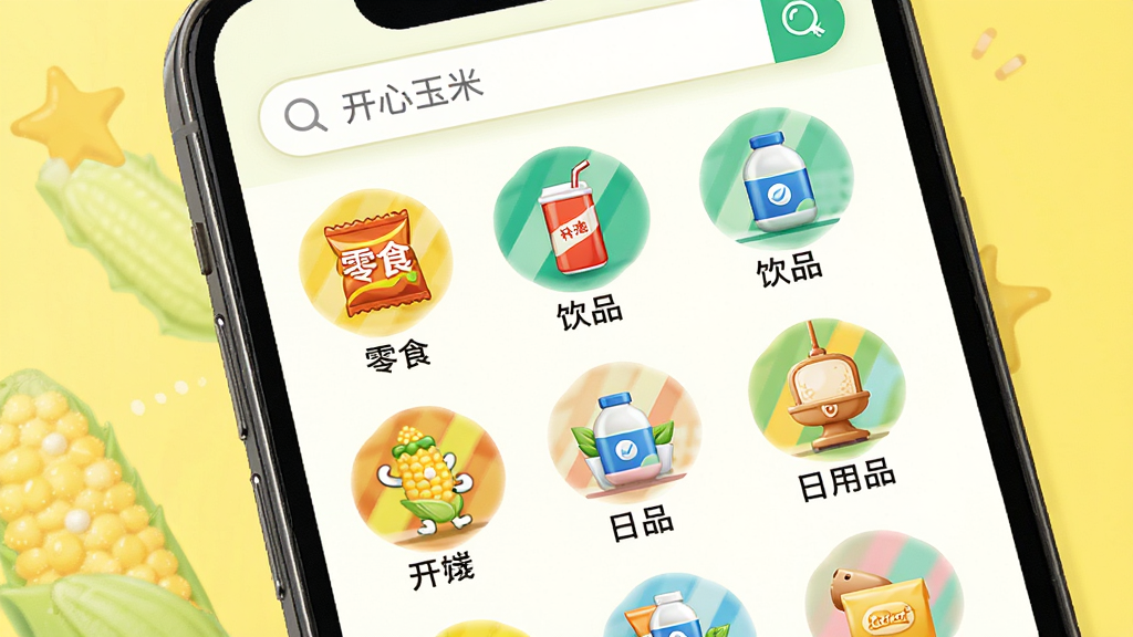 开心玉米商品分类展示界面,主体为手机屏幕,屏幕内呈现多个商品分类图标,包括零食、饮品、日用品等。布局为圆形图标矩阵排列,风格活泼清新。细节上每个图标下方有文字标签,顶部有“开心玉米”搜索框,画质高清,色彩明快,干净无多余元素。