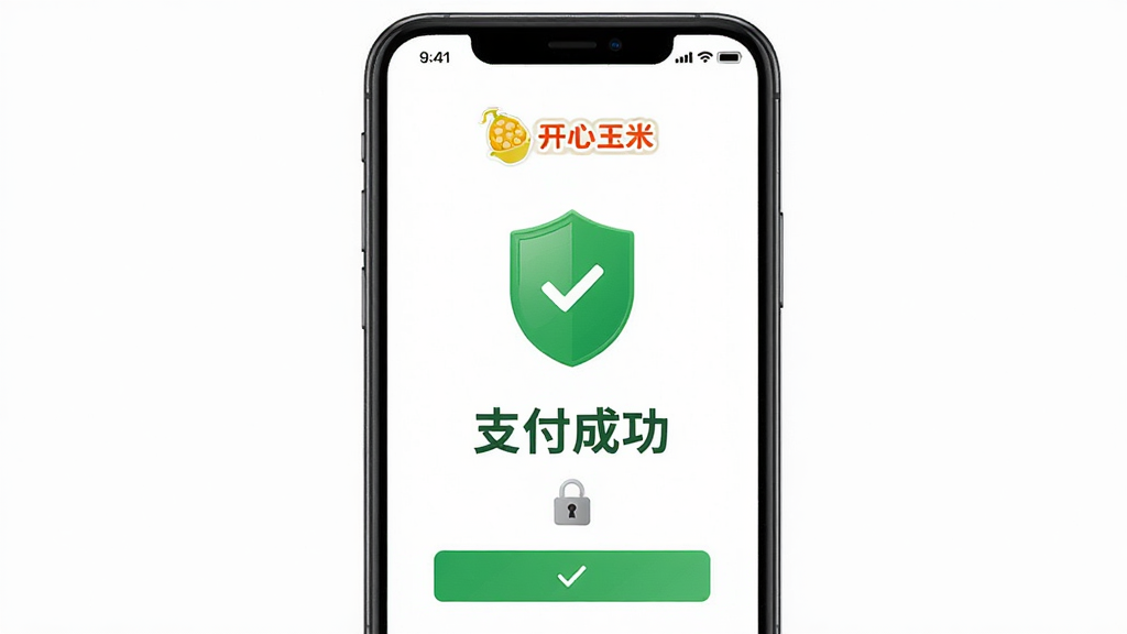 开心玉米安全支付界面,主体为手机屏幕显示支付成功页面,屏幕上有绿色盾牌图标和“支付成功”字样。布局居中对称,风格安全稳重。细节上包含开心玉米Logo和加密锁标识,画质清晰,干净利落,无多余元素。