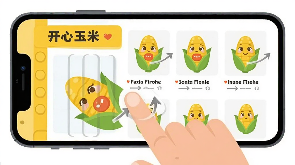 开心玉米移动端操作手势示意图,主体为一部手机和一只手正在滑动屏幕,屏幕显示开心玉米的商品列表页。布局为侧视图,风格扁平化插画。细节上手机屏幕内有“开心玉米”字样和滑动轨迹箭头,画质清晰,干净简洁,无多余元素。