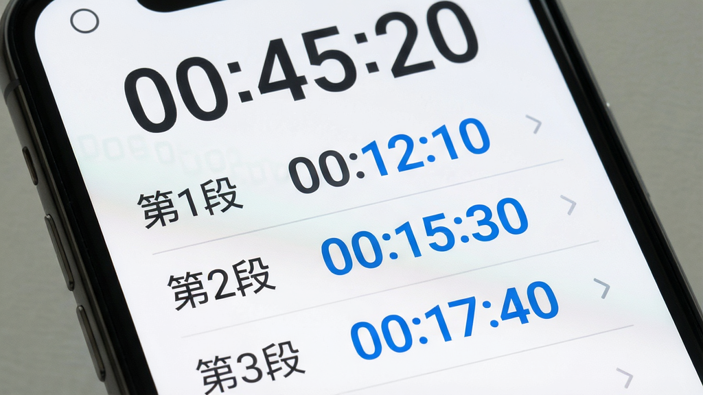 一张展示秒表读数应用分段记录功能的图片,画面中手机屏幕上方显示总时间“00:45:20”,下方列表展示“第1段 00:12:10”“第2段 00:15:30”“第3段 00:17:40”,布局清晰,风格为简约列表风,细节上每段记录有浅色分隔线,数字颜色为深灰与蓝色交替,画质高清,干净,无多余元素
