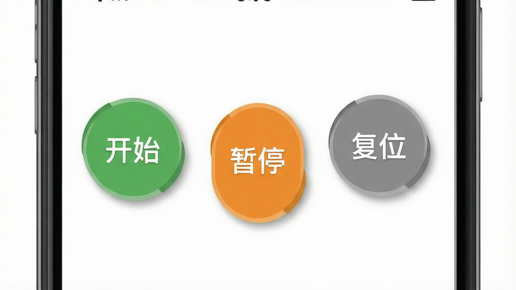 一张展示秒表读数应用主界面的图片,画面中手机屏幕只有三个大按钮,分别是“开始”“暂停”“复位”,按钮为圆形设计,颜色分别为绿色、橙色、灰色,布局对称居中,风格为极简扁平风,细节上按钮有轻微的阴影效果,背景为纯白色,画质高清,干净,无多余元素