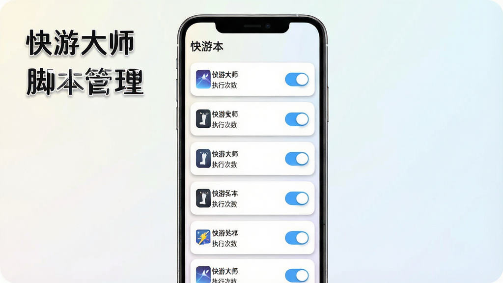 一张展示快游大师多脚本管理界面的AI生图,画面主体为手机屏幕上的脚本列表页面,布局为纵向列表展示多个脚本卡片,每个卡片包含脚本名称、执行次数与开关按钮,排版为手机竖屏,风格为清新简约的卡片式设计,细节上卡片带有轻微阴影与圆角,背景为浅色渐变,画面中文字标注“快游大师”与“脚本管理”,画质为高清,干净无多余元素