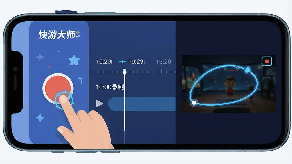 一张展示快游大师智能录制功能的AI生图,画面主体为手机屏幕录制界面,布局为左侧显示录制按钮与时间轴,右侧显示操作轨迹预览,排版为横版展示,风格为扁平化科技插画,细节上包含手指点击动画与路径线条,画面中文字标注“快游大师”与“智能录制”,画质为高清,干净无多余元素